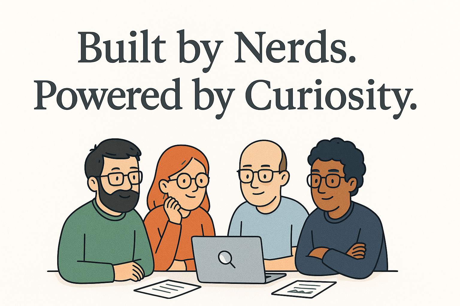 Built by Nerds. Powered by Curiosity. Illustration of a small team of nerds working together